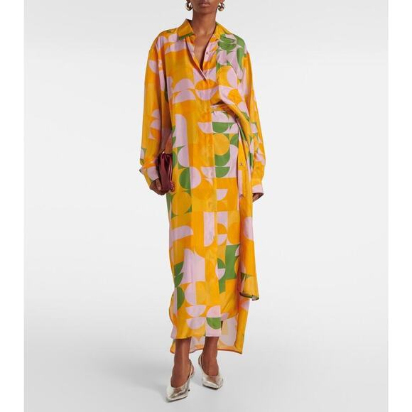 Dries Van Noten Printed 100% Silk Pongee Long Sleeve Shirt Dress Orange Sz Large - Picture 1 of 13